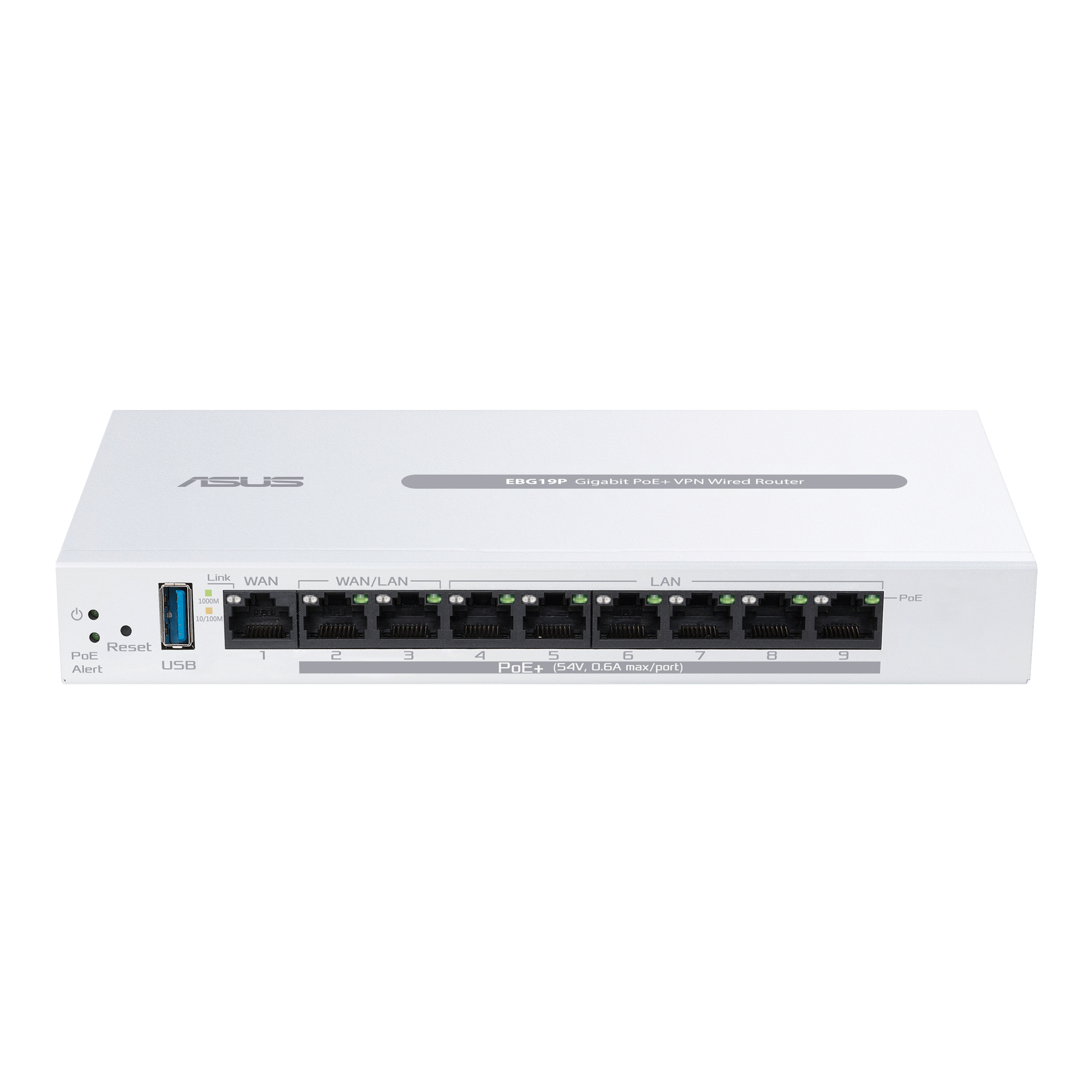 Router ASUS bianco con più porte, LED e una porta USB. Il testo include indicatori WAN, LAN e PoE.