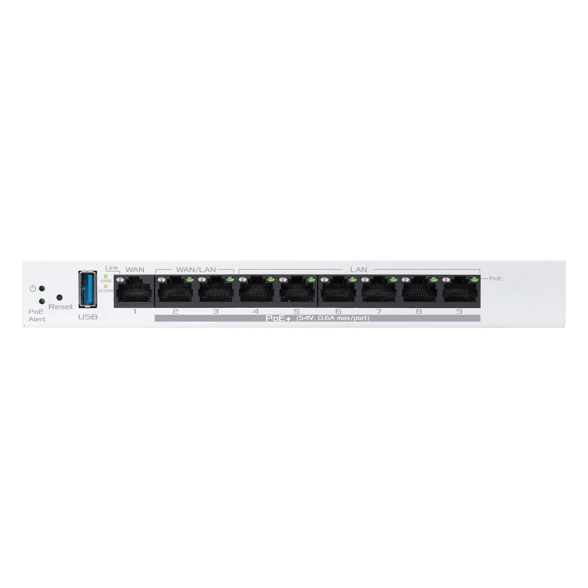 Un dispositivo di rete bianco con porte, luci ed etichette per connessioni WAN, LAN e PoE è visibile.