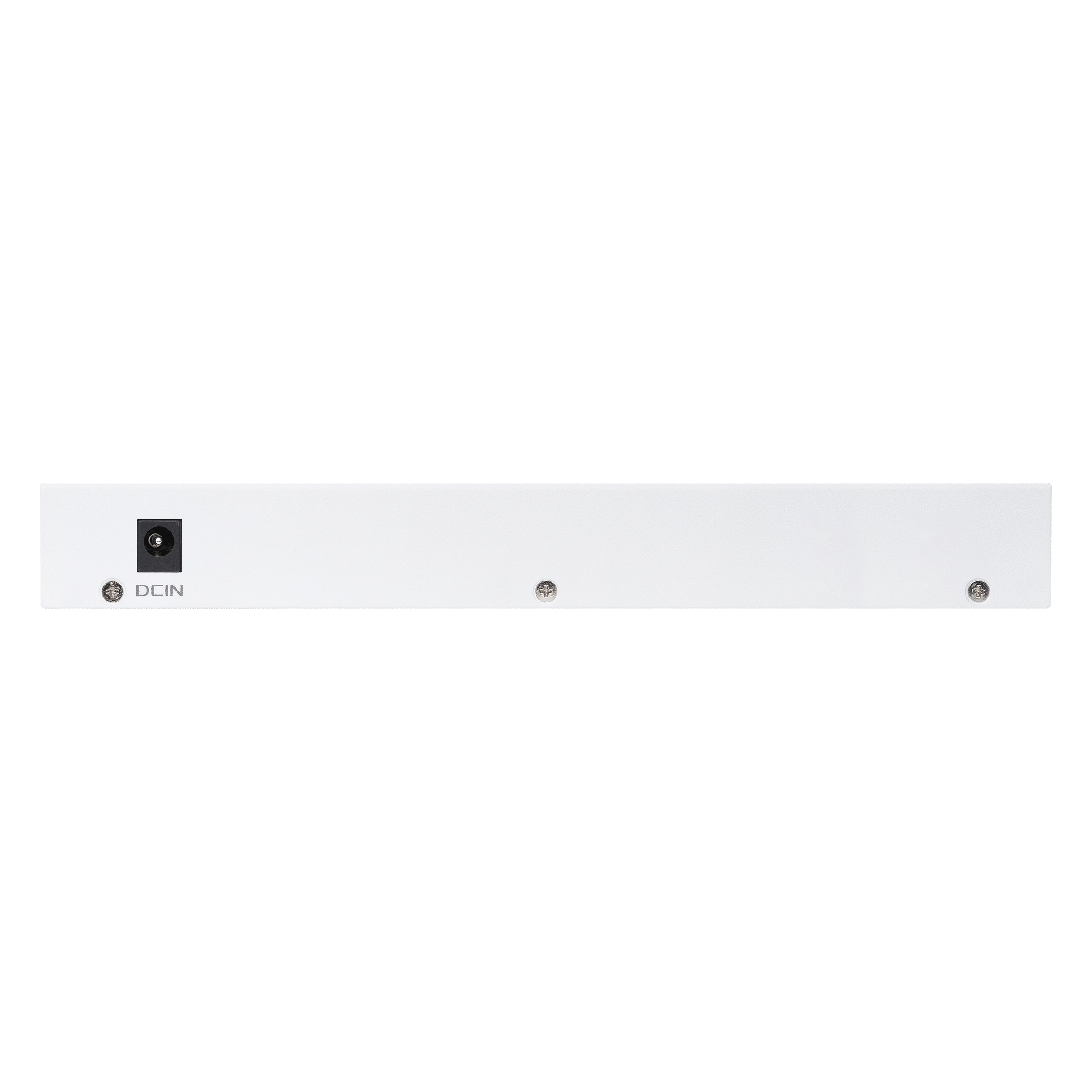 Un dispositivo rettangolare bianco con una porta DC IN e due viti. Porta nera visibile.
