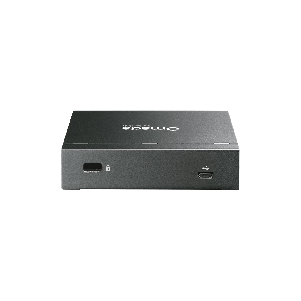 Ein dunkelgraues Omada-Gerät von tp-link. Es hat einen USB-Anschluss und ein Schlosssymbol auf der Vorderseite. Der Hintergrund ist weiß.