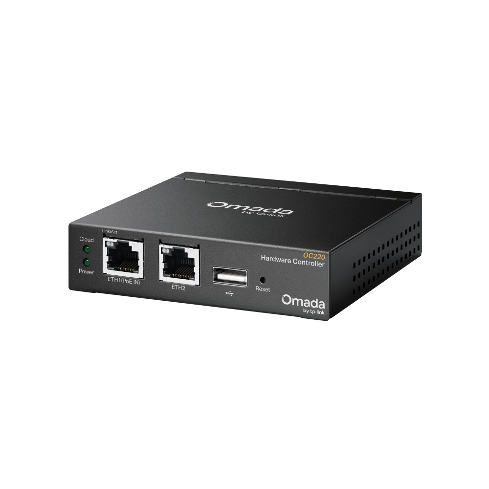 Ein schwarzer Omada Hardware Controller OC220. Es hat Anschlüsse, Lichter und einen USB-Anschluss. Das Gerät steht auf weißem Hintergrund.