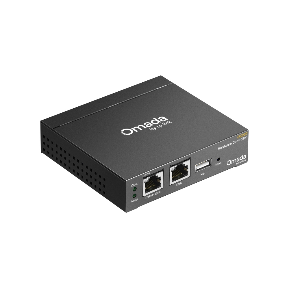 Ein schwarzer Omada Hardware Controller von tp-link. Es hat Anschlüsse für Ethernet, USB und eine Reset-Taste. Das Gerät ist auf weißem Hintergrund.