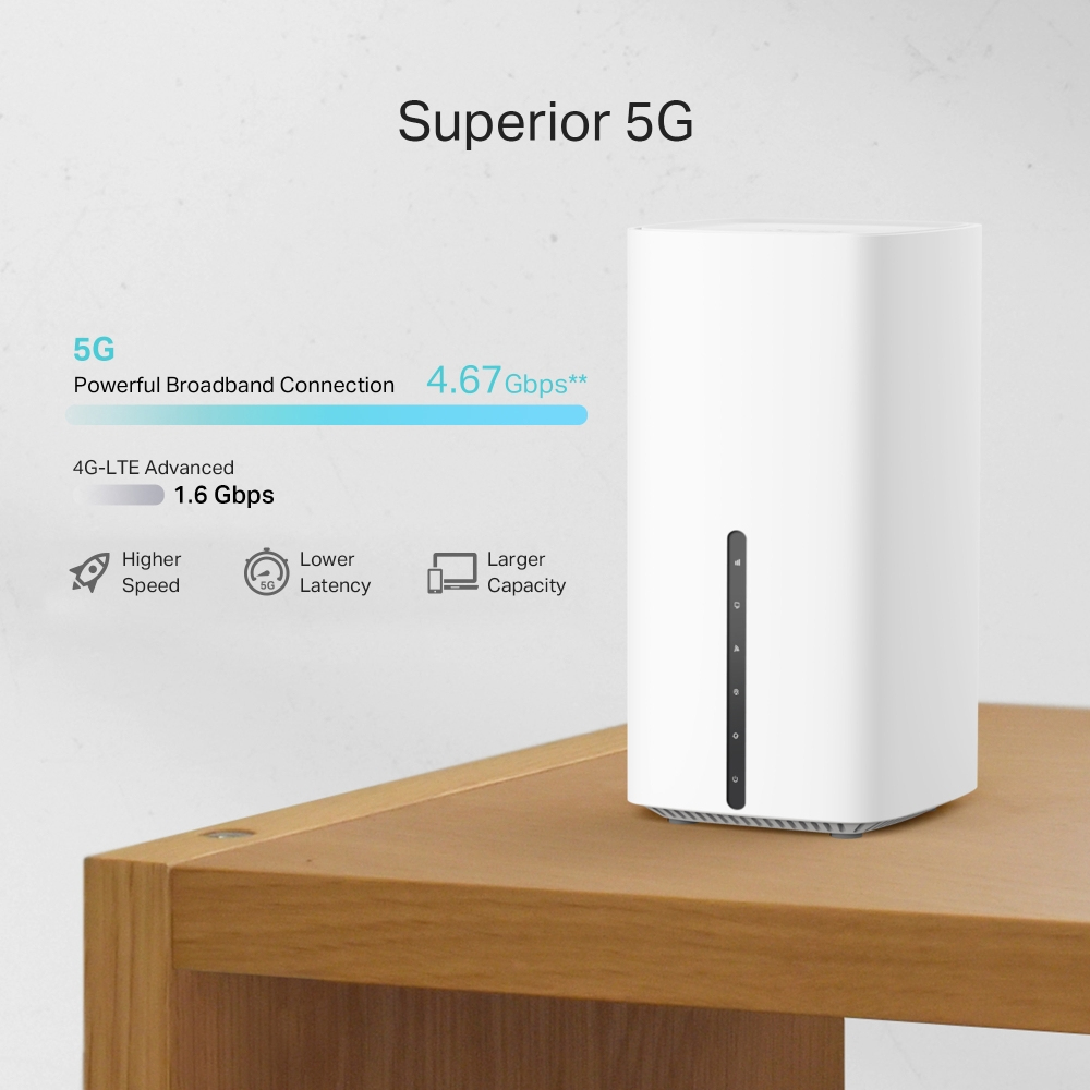 Un routeur 5G blanc sur une table en bois, avec des graphiques d'information sur la vitesse et la capacité.
