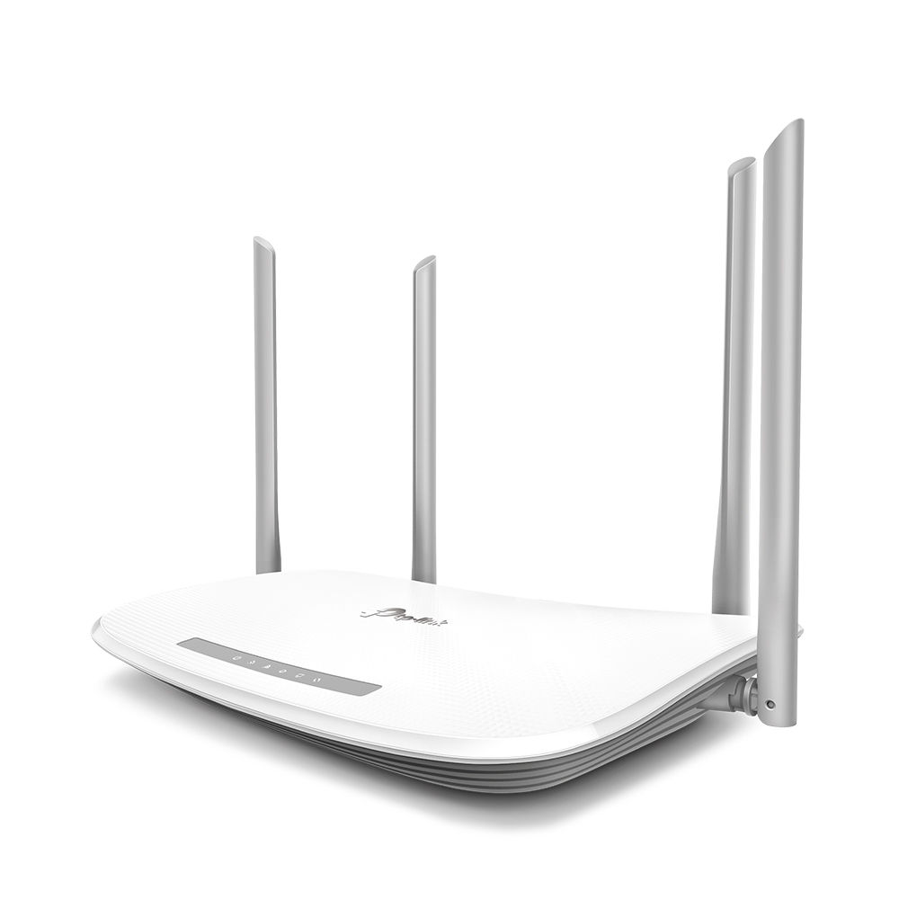 Biały router TP-Link z 4 srebrnymi antenami. Ma zakrzywioną konstrukcję i szarą podstawę. Tło jest białe.