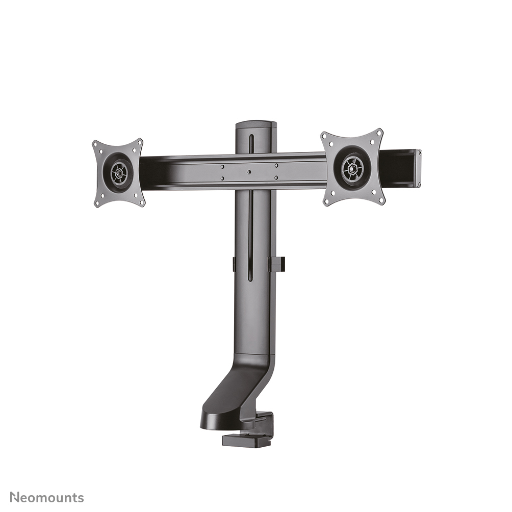 A dark gray dual monitor mount. It has two monitor mounts, a vertical pole, and a clamp for securing it to a desk.