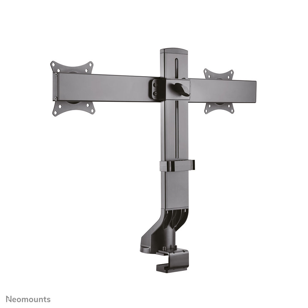 A black monitor mount, in a T shape, designed to hold two monitors. It stands on a white background.