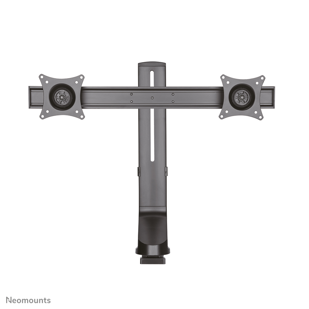 A gray dual monitor mount. It has a central vertical pole, a horizontal bar, and mounting plates for two monitors.