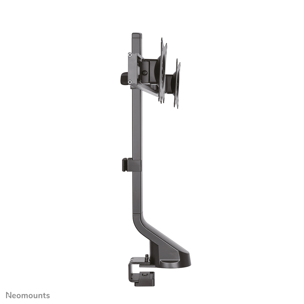 A dark gray monitor stand with two mounting brackets, a vertical pole, and a clamp base, isolated on white background.