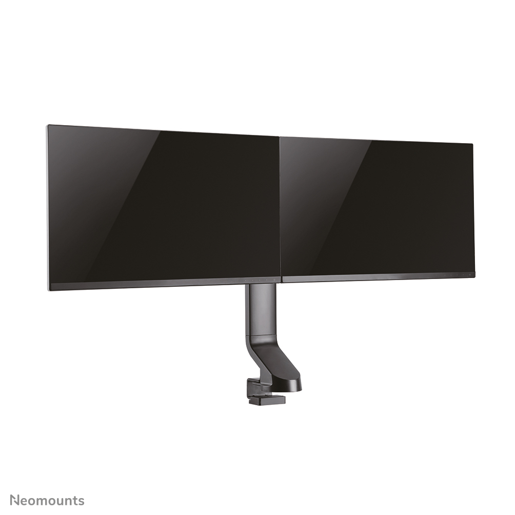Two black computer monitors are mounted on a gray stand, against a white background.