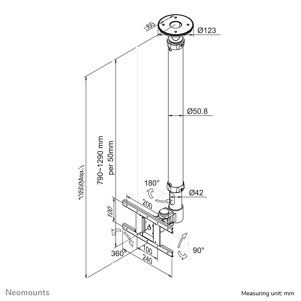 Diagram van een plafondbevestiging met afmetingen in mm. Toont een paal met montageplaat en verstelbare hoeken.