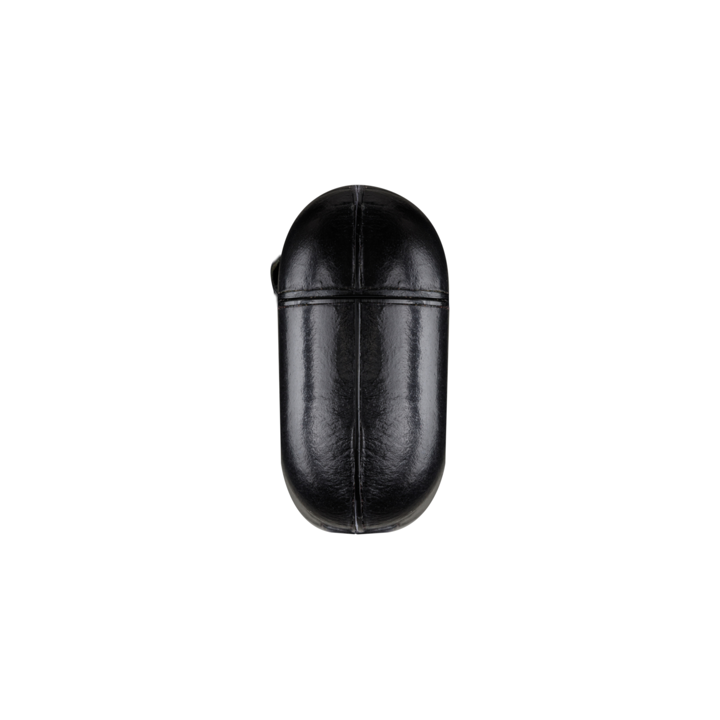Eine schwarze, lederartige, ovale Hülle vor weißem Hintergrund.