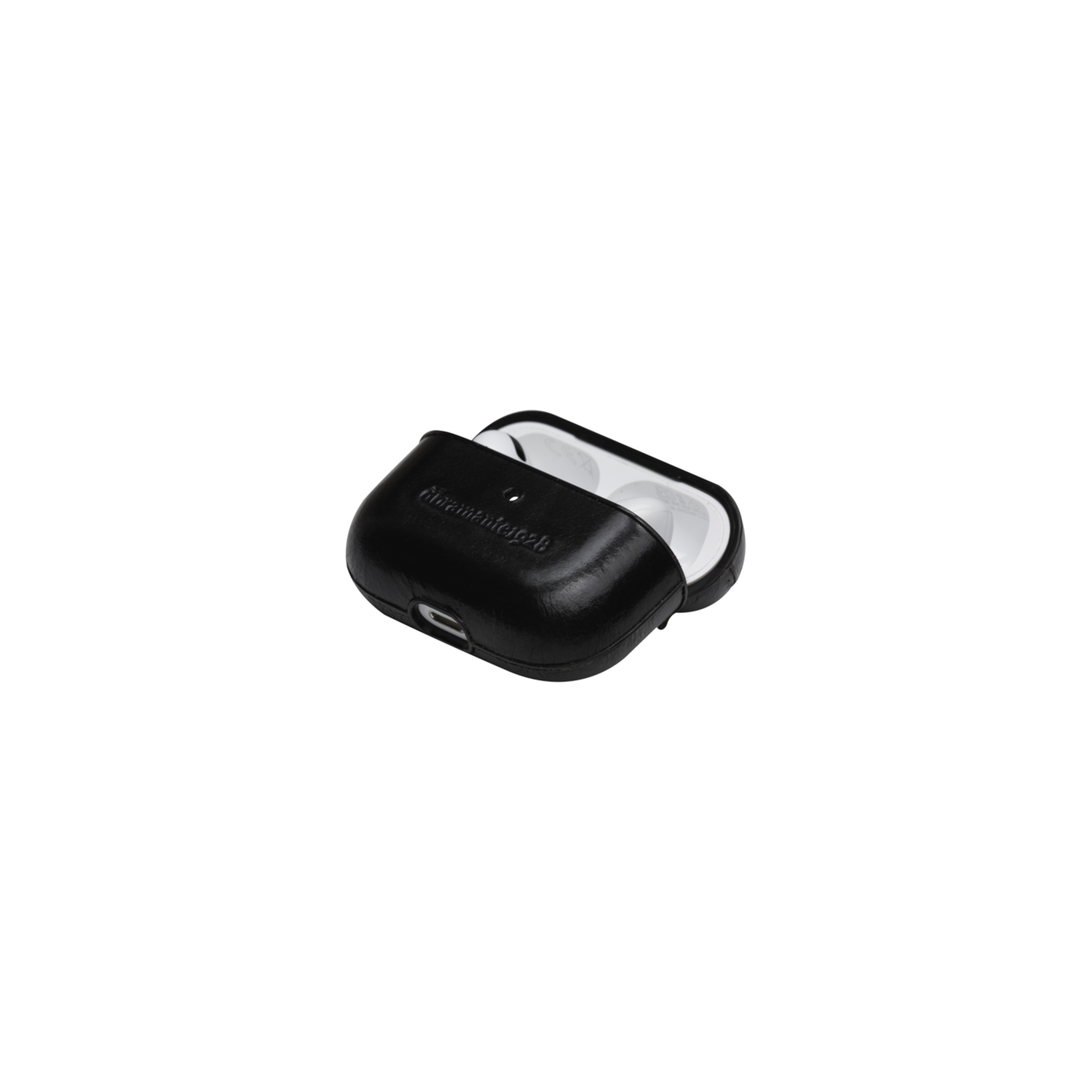 Schwarzes Leder-AirPod-Case, geöffnet, um weiße Ohrhörer freizulegen. Weißer Hintergrund.