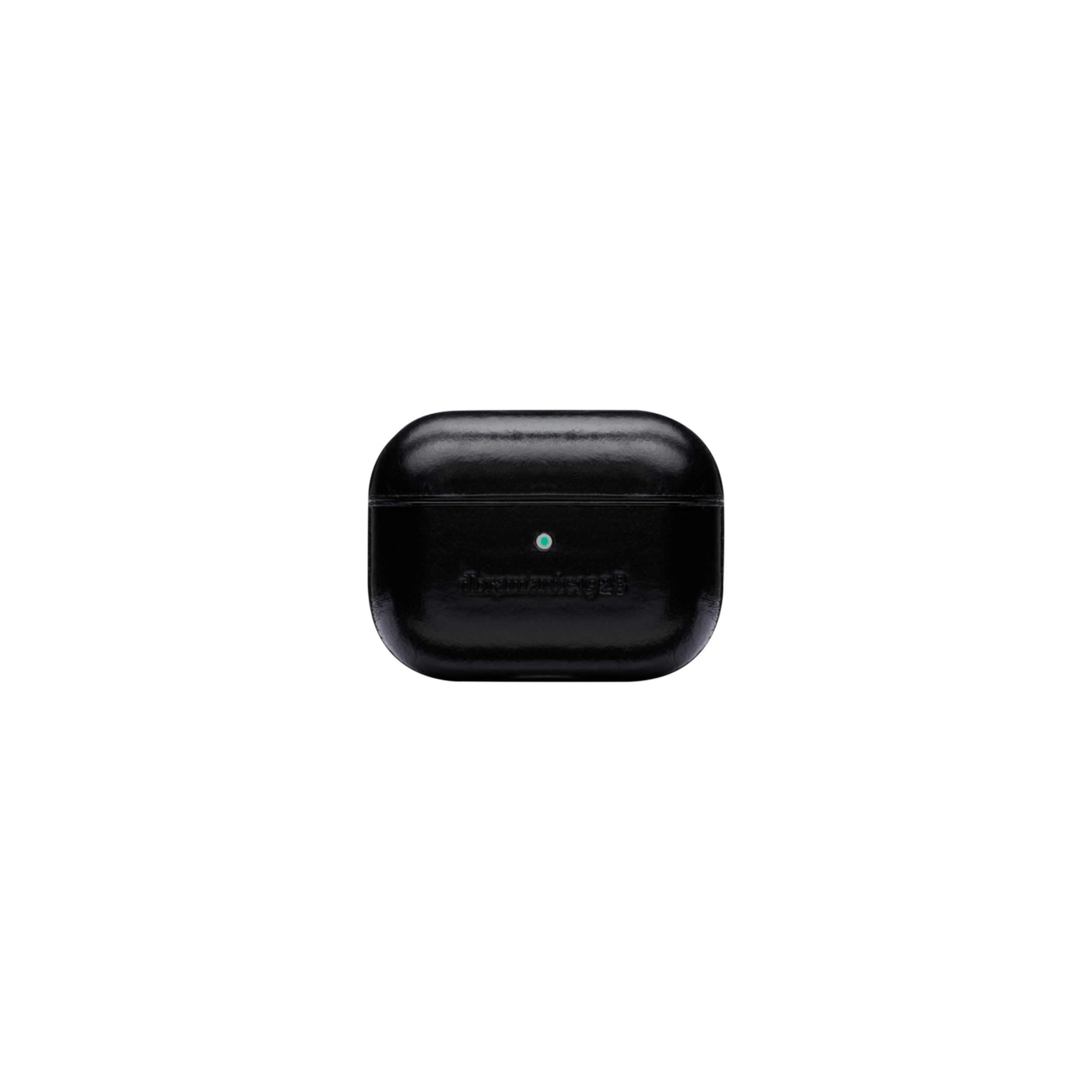 Eine schwarze Leder-AirPod-Hülle. Sie hat eine abgerundete rechteckige Form, ein grünes Licht und einen weißen Hintergrund.