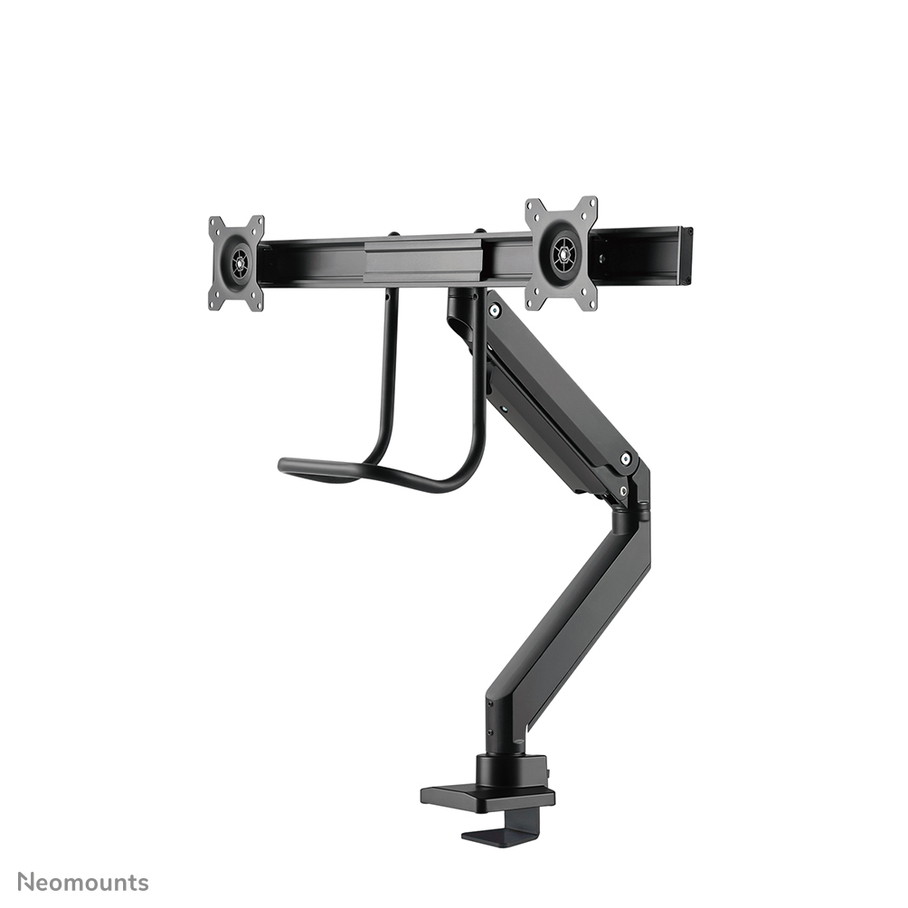 A black dual monitor arm. It has a clamp at the bottom, an articulated arm, and brackets for two monitors at the top.