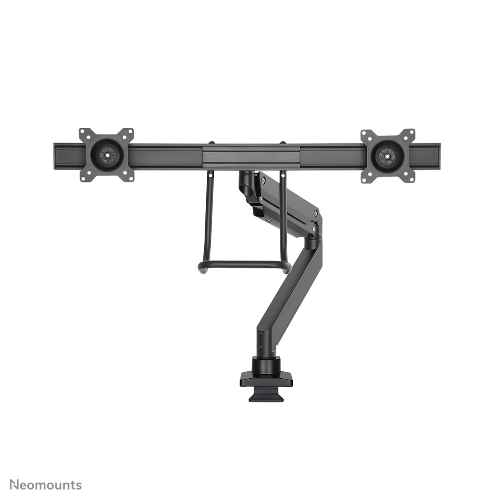 A black dual monitor arm, with two monitor mounts on a horizontal bar. It has an articulated arm and a desk clamp.