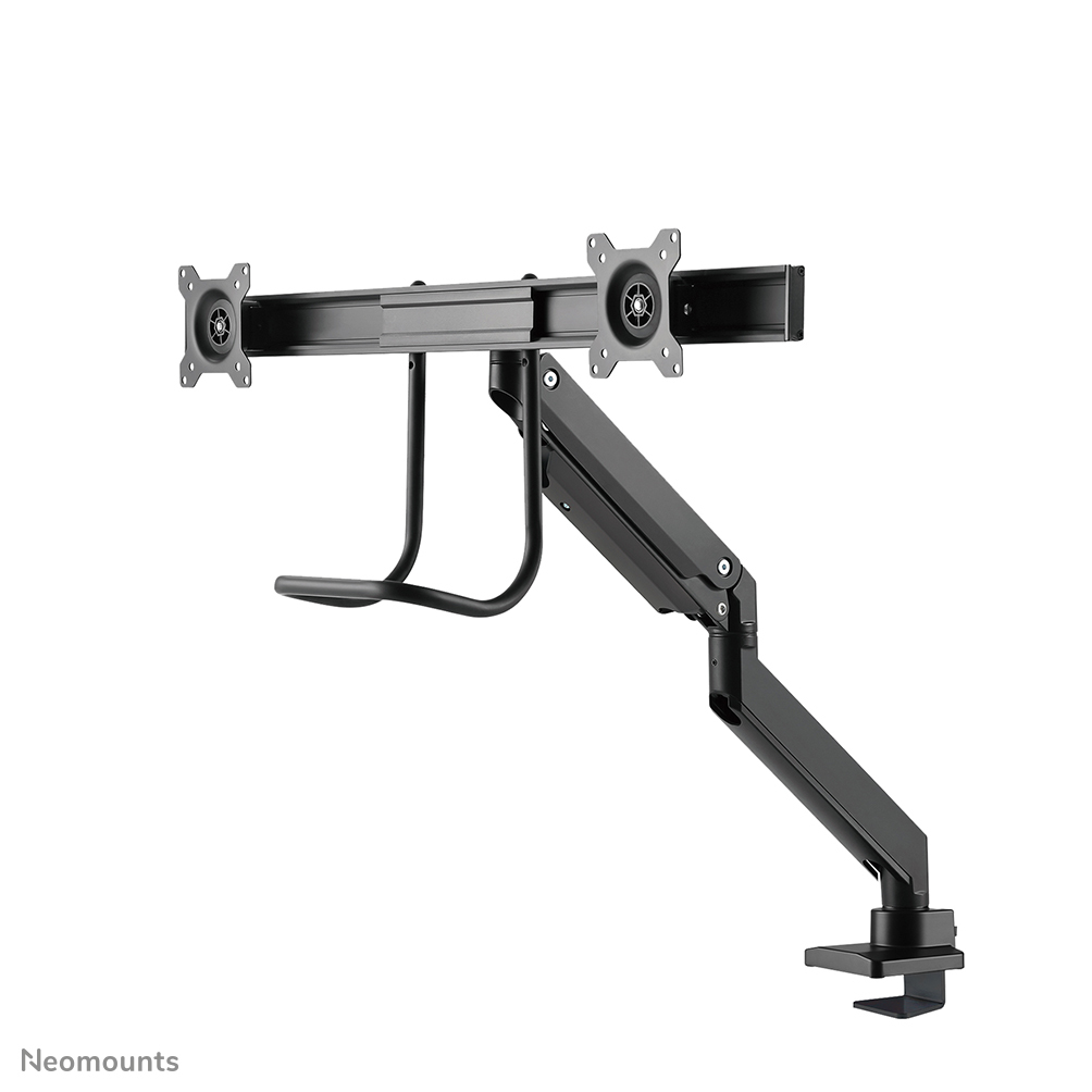 Black dual monitor arm on white background. Supports two monitors, with adjustable arms and a desk clamp.