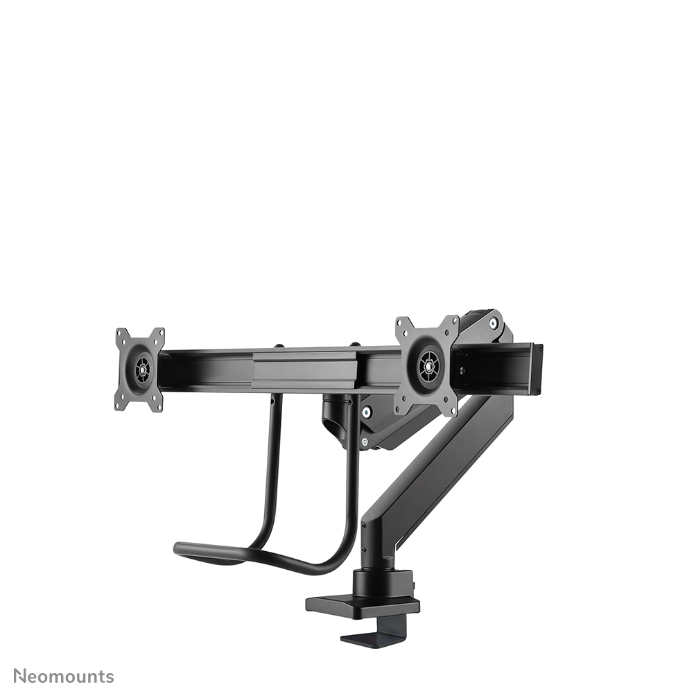 A black dual monitor arm. It has two VESA mounts, a horizontal bar, and a clamp for desk mounting. White background.