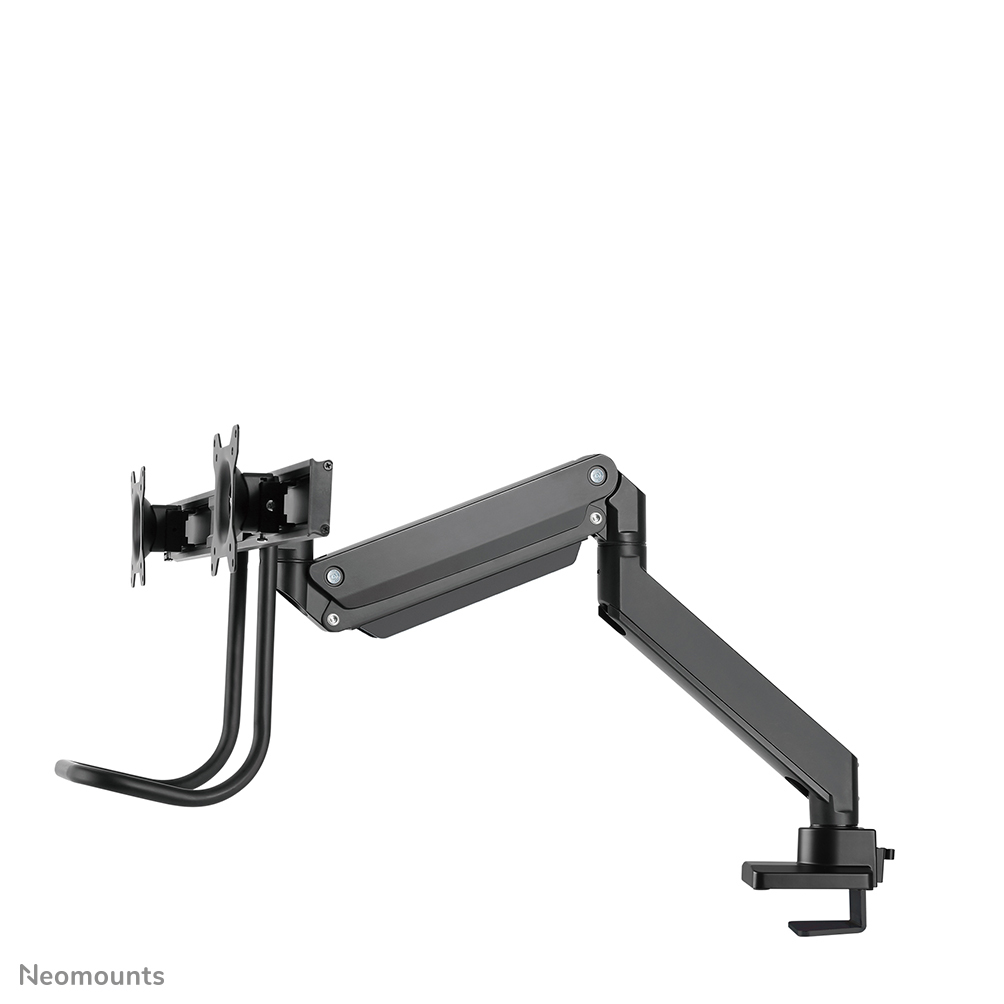 A black monitor arm is mounted on a white background. It has adjustable parts and a clamp for securing it to a desk.