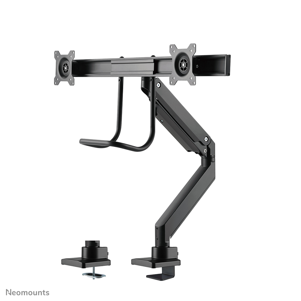 Black monitor mount with two arms, a curved handle, and a clamp-style base. Screws and joints are visible.