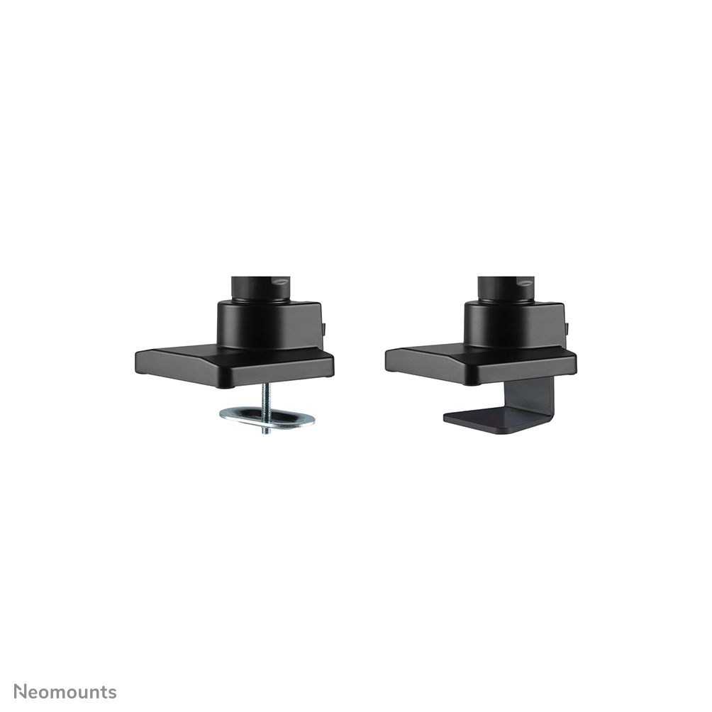 Two black desk mounts are shown. One has a round metal base, the other a clamp. Both have platforms for holding items.