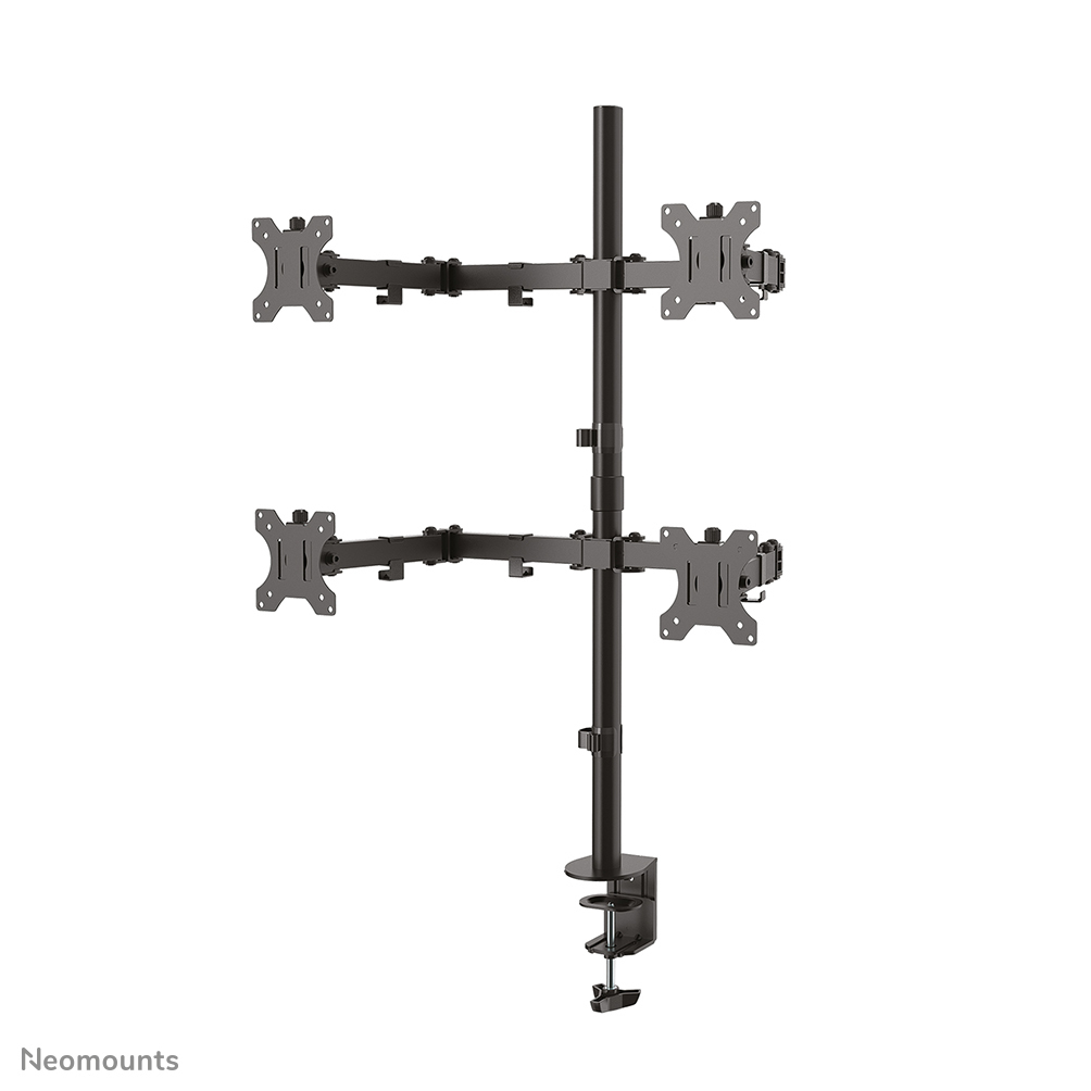 A black monitor mount holds four screens. It has a central pole with adjustable arms and a clamp for desk attachment.