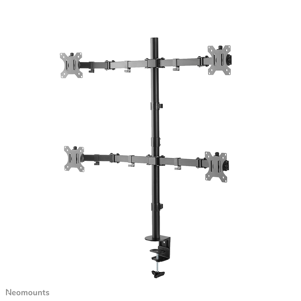 A black, four-monitor stand. It has a vertical pole with horizontal arms extending to hold the monitors. A clamp secures it to a desk.