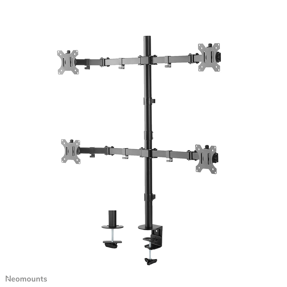 Black monitor mount with four arms, a vertical pole, and a clamp for desk mounting. It is on a white background.
