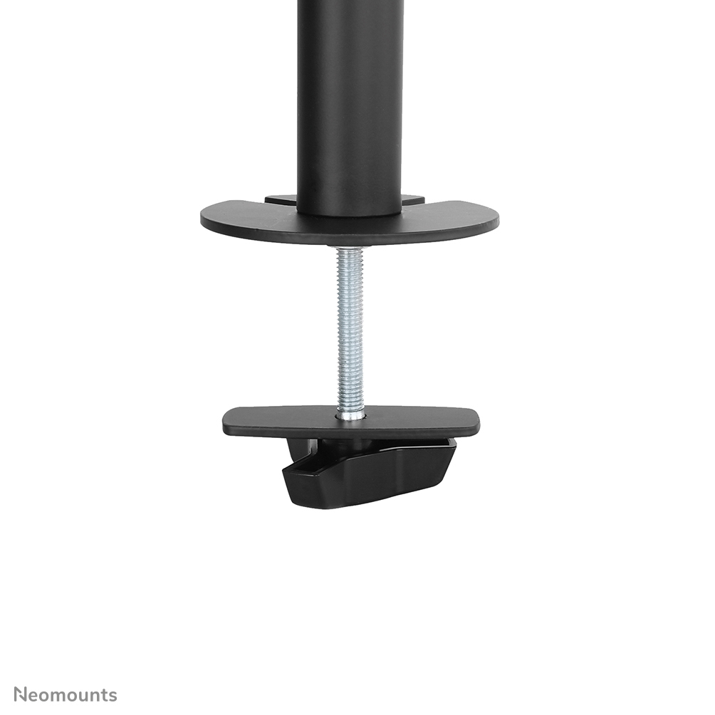 A black monitor mount with a screw. The screw is silver. The mount has a round top and a flat bottom.