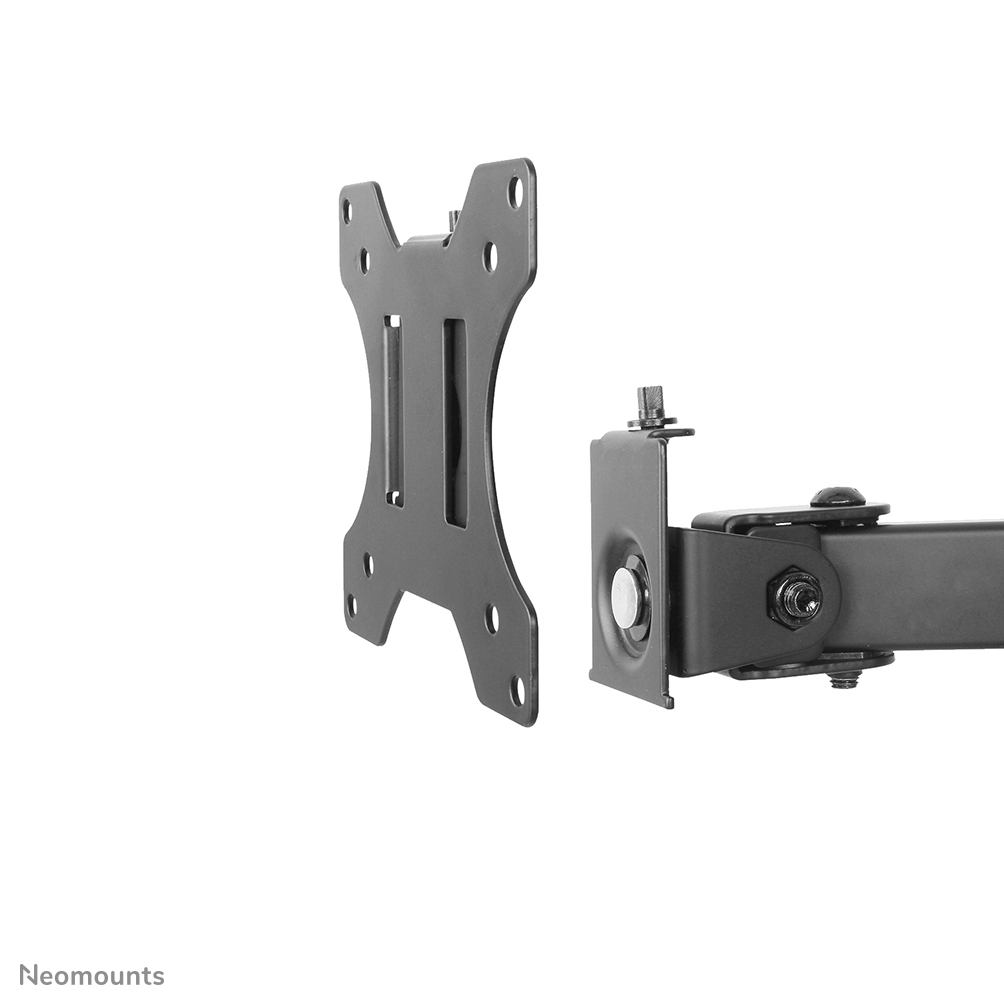 A dark gray metal monitor mount. It has two parts: a rectangular plate with mounting holes and a hinged arm.