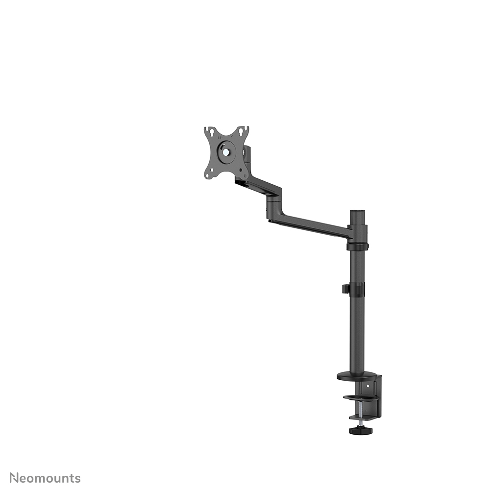 A dark gray monitor arm with a clamp. It is mounted on a white background. The arm is in the shape of an L and is extended.
