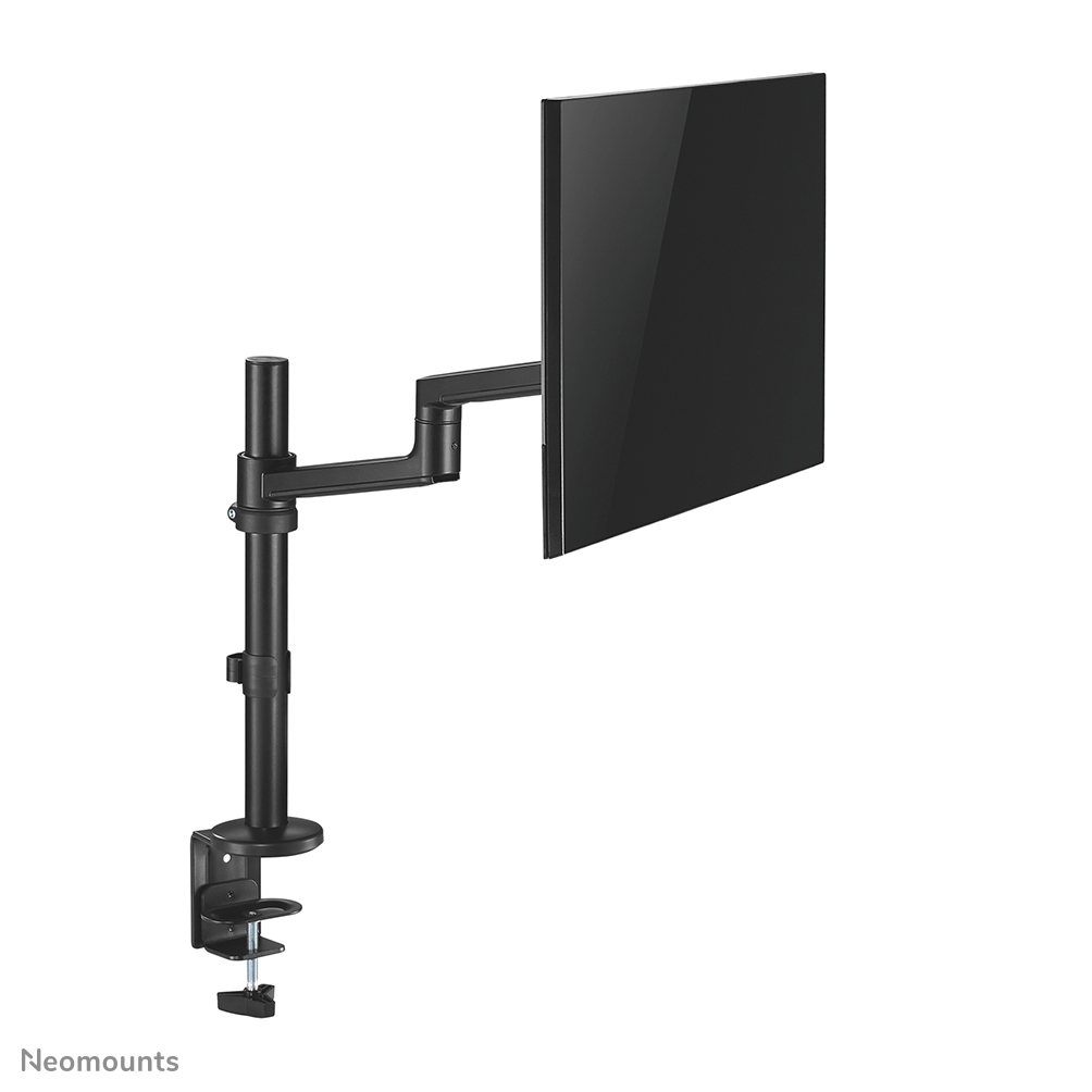 A black monitor mounted on a black arm, attached to a desk clamp on a white background. The monitor is turned on.