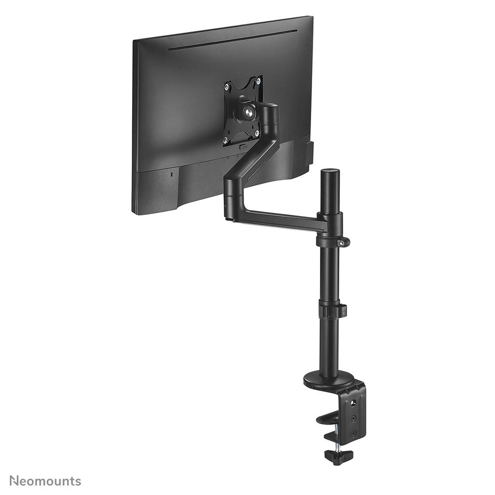 A black monitor is mounted on a black arm with a clamp. The monitor is facing away from the viewer.