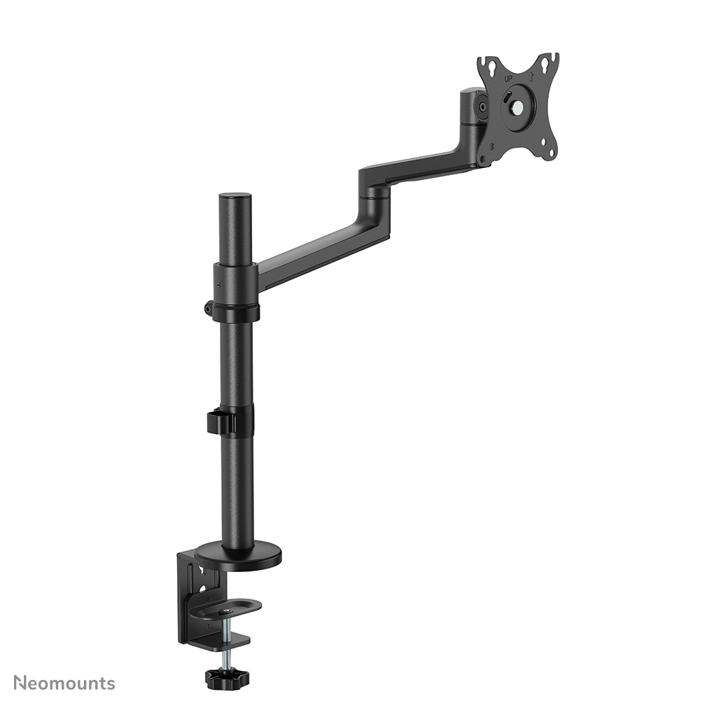 A black monitor arm, with a clamp base, adjustable arm, and a bracket for attaching a screen, against a white background.