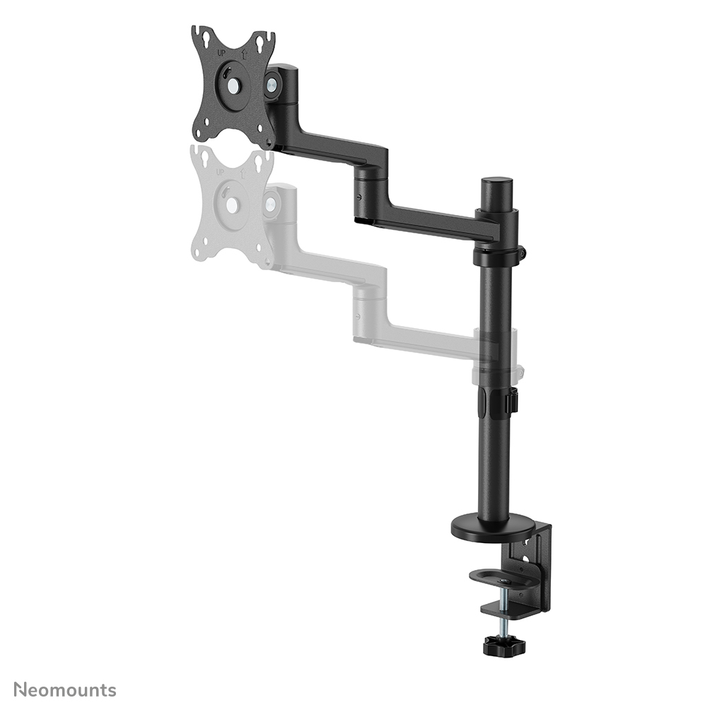 A black monitor arm, with a clamp. It has multiple joints for adjustment and a base for table mounting.