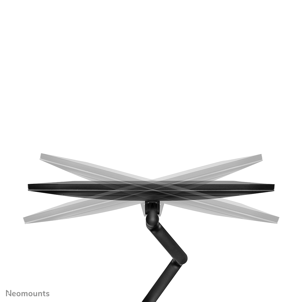 A black computer monitor on a black stand. The monitor is shown in different positions with a white background.