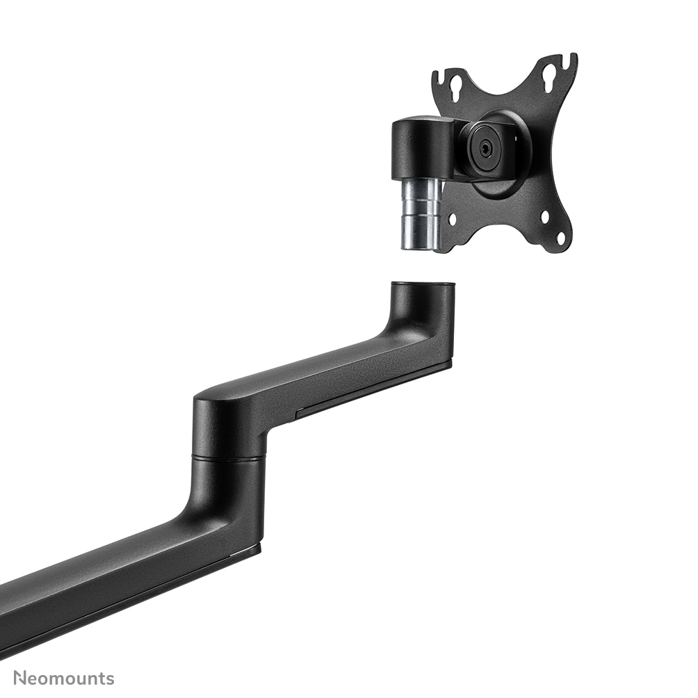 A black monitor arm, with a bracket and a joint, is shown against a white background.