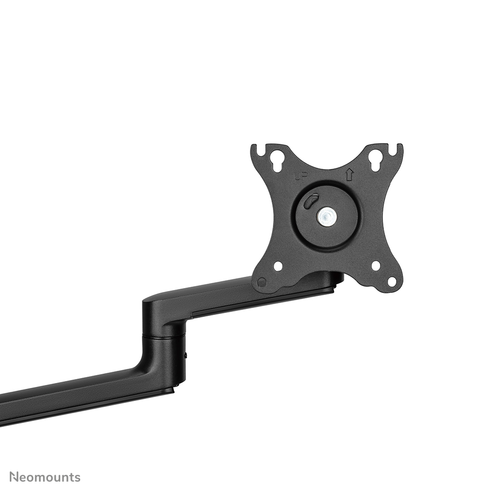 Black monitor mount arm on white. The arm extends from the bracket, which has holes for mounting. The word 'UP' is visible.