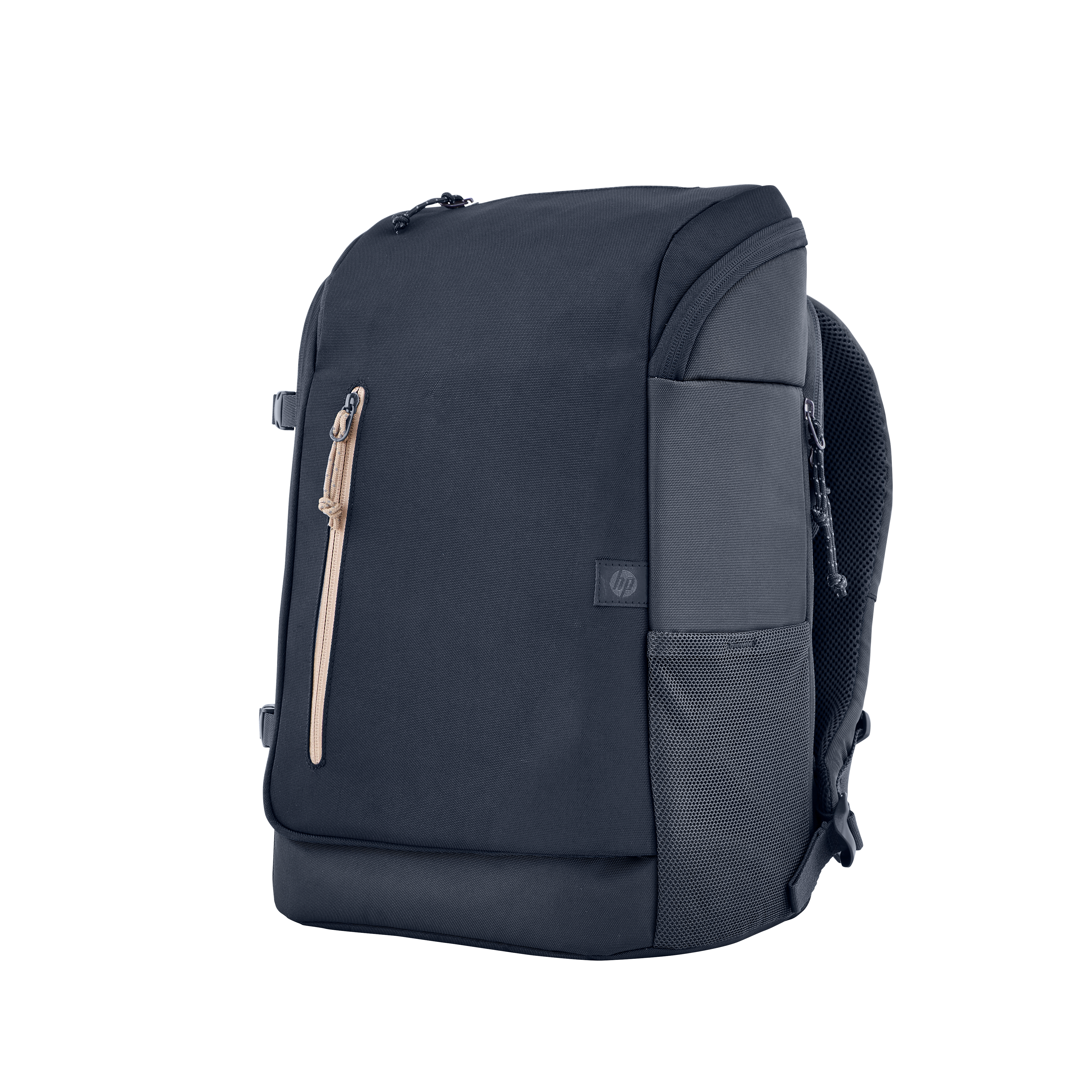 Una mochila azul oscuro con múltiples compartimentos y cremalleras, sobre fondo blanco.