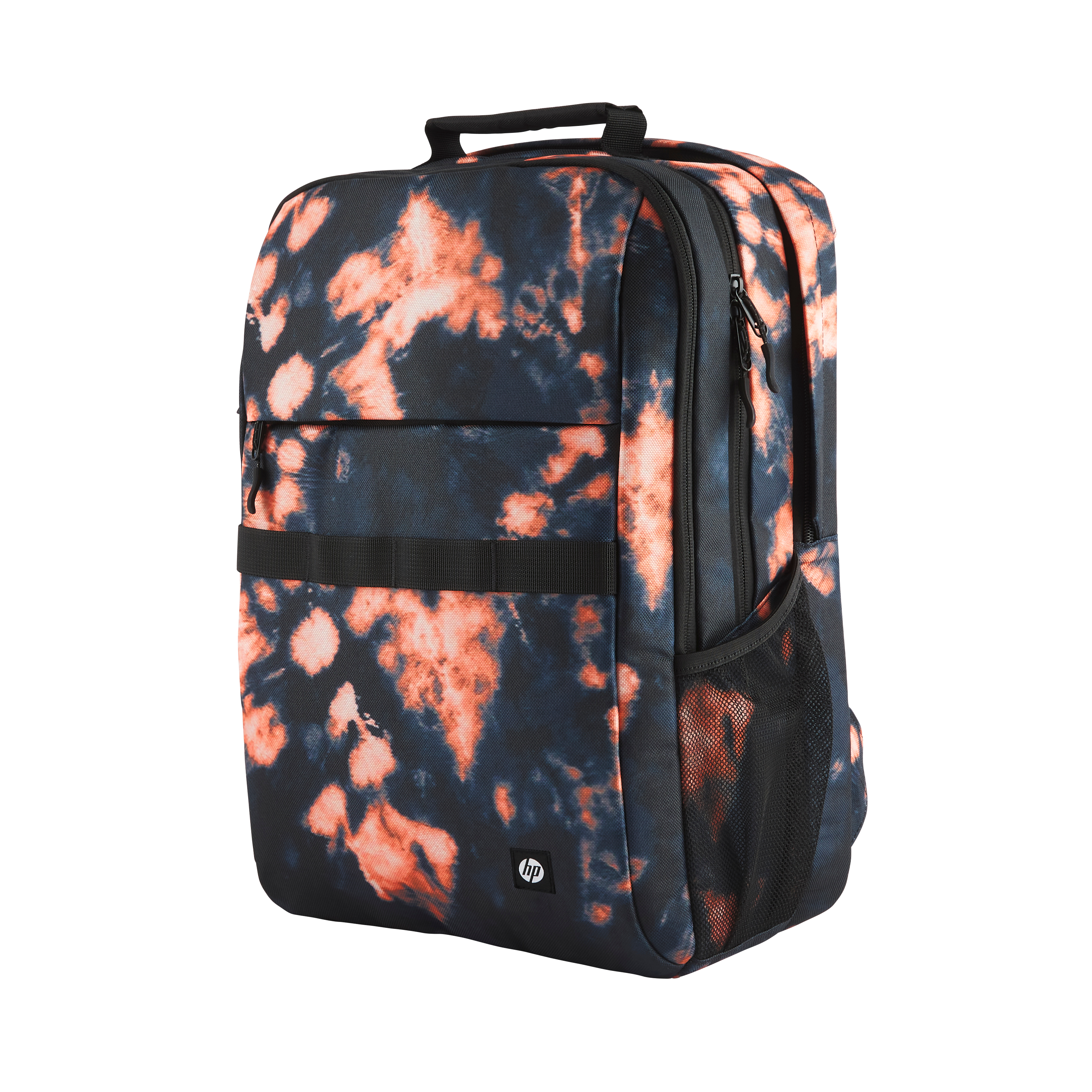 Mochila estampada con tonos naranja y azul. Tiene asa, cremalleras, bolsillo de malla y el logo de HP.