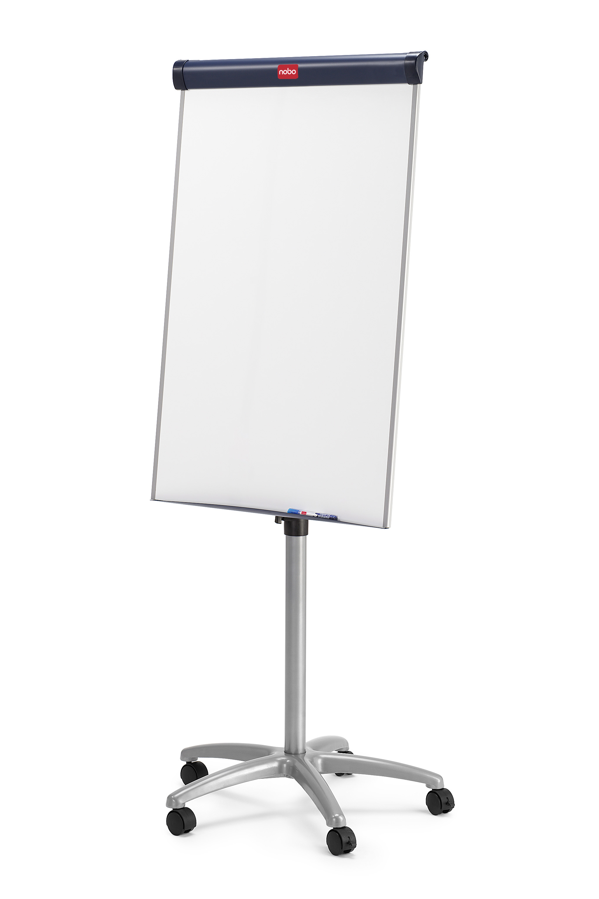 Ein weißes Flipchart mit grauem Ständer und Rädern, vor weißem Hintergrund.