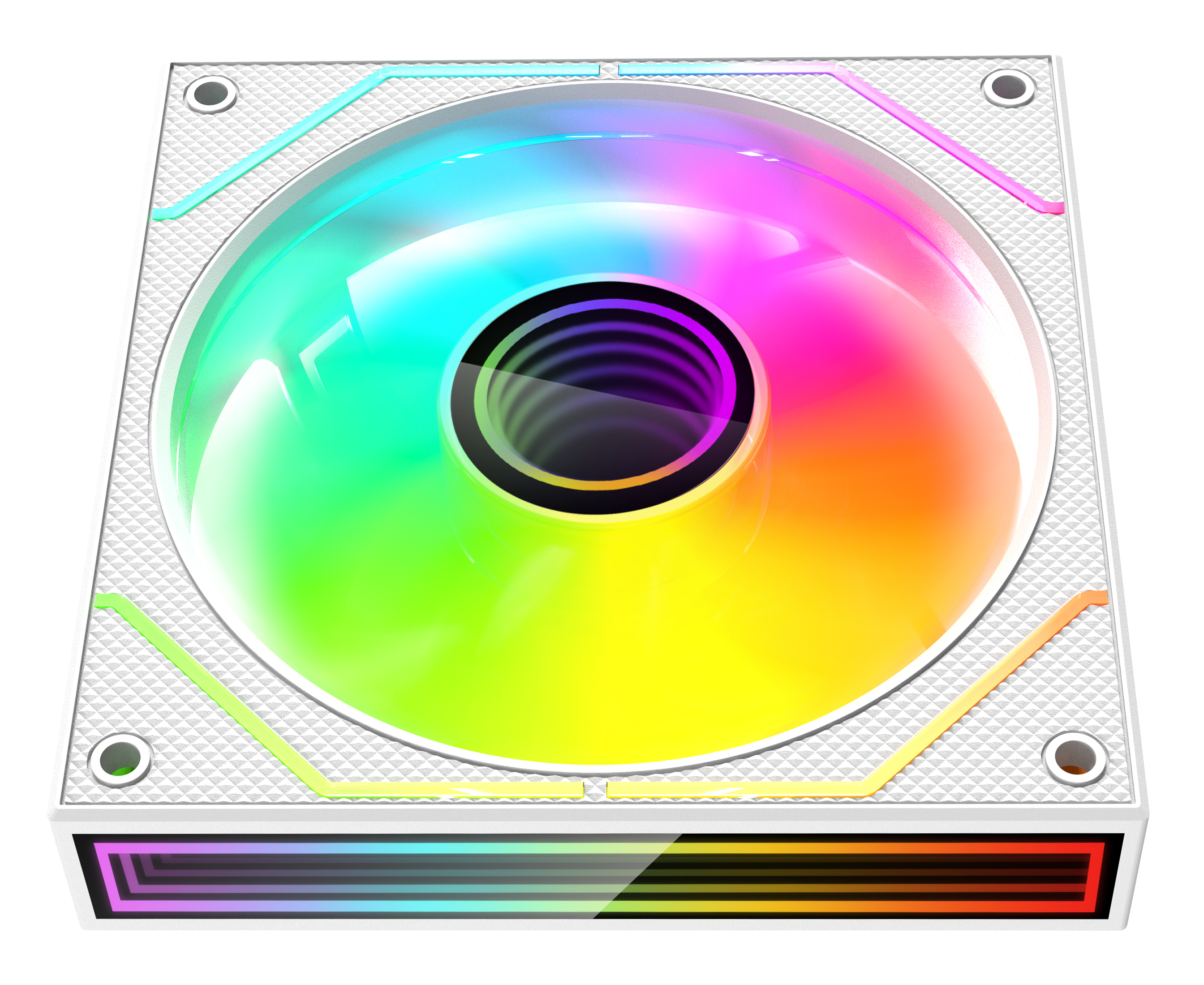 Una ventola per computer con effetto luce arcobaleno. Ha una cornice bianca e un centro nero.