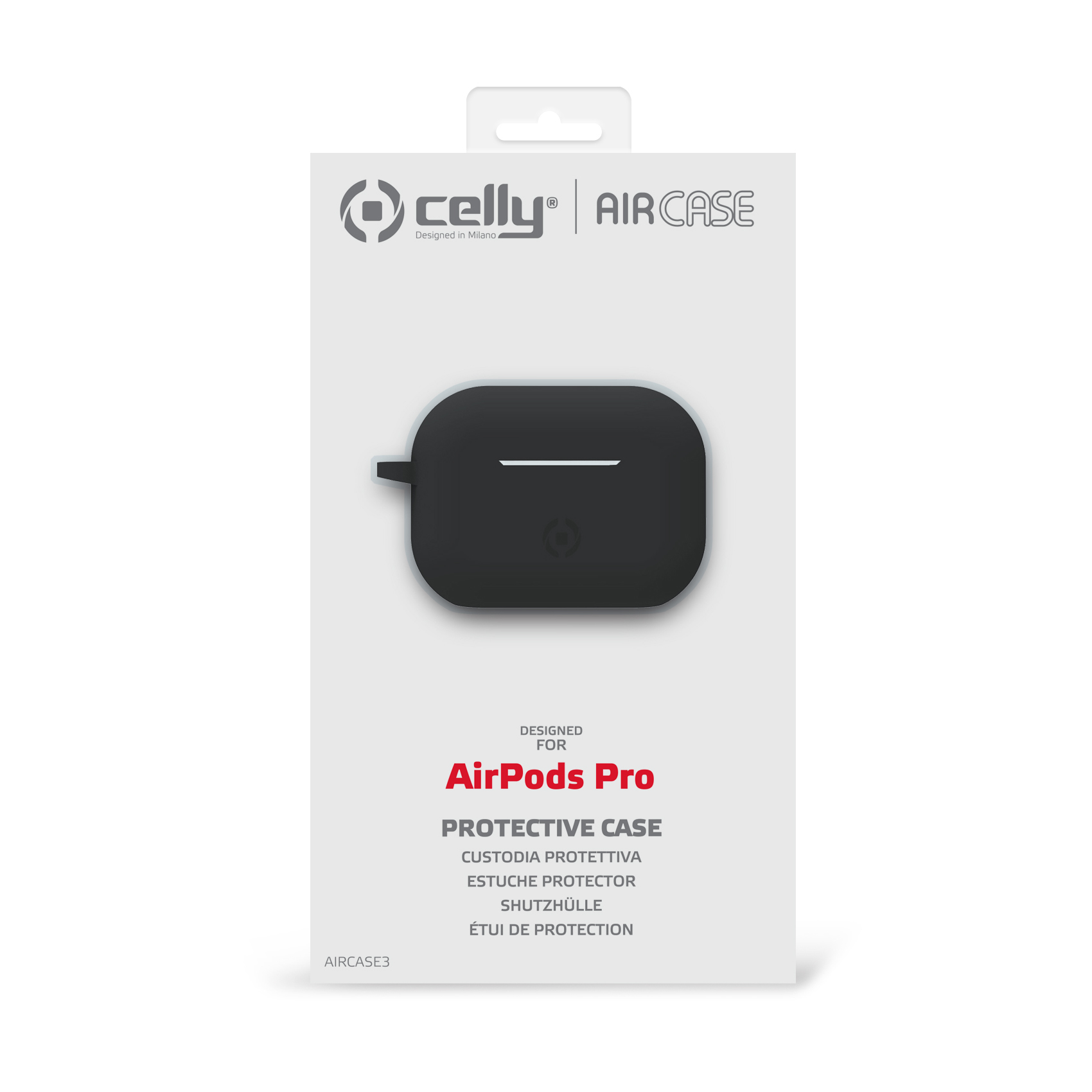 Una confezione di prodotto per AirPods Pro. Mostra una custodia protettiva nera con marchio e testo in più lingue.