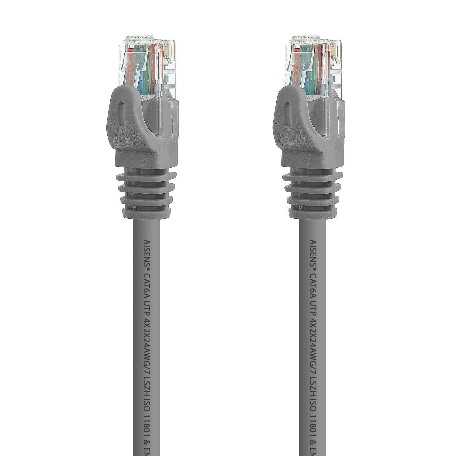 Dos cables Ethernet grises con conectores transparentes. Cables con texto: AISENS CAT6A UTP 4X2X24AWG/7 LSZH ISO 11801 & EN.