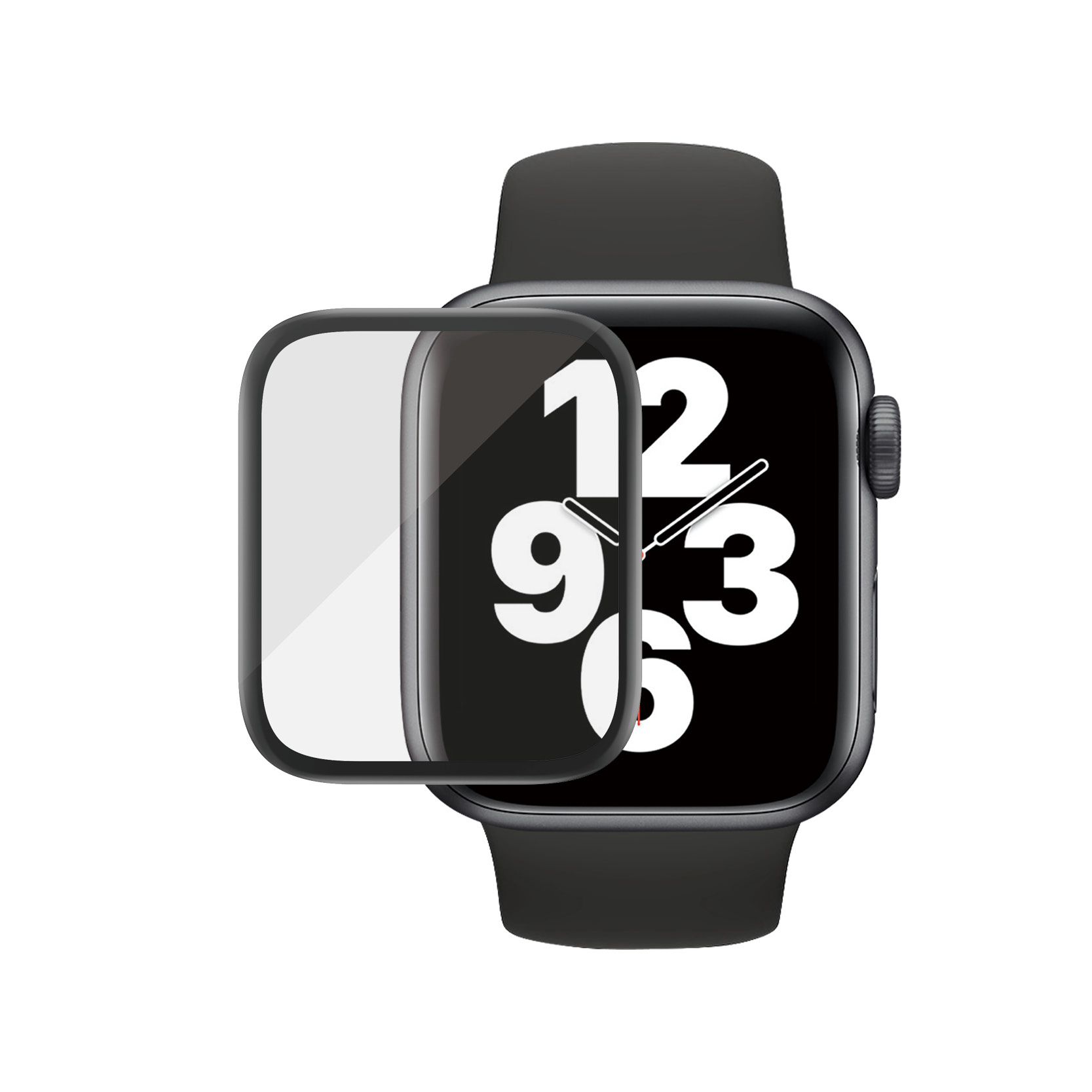 Czarny Apple Watch z osłoną ekranu. Zegarek wyświetla godzinę: 12:00. Pasek jest czarny.