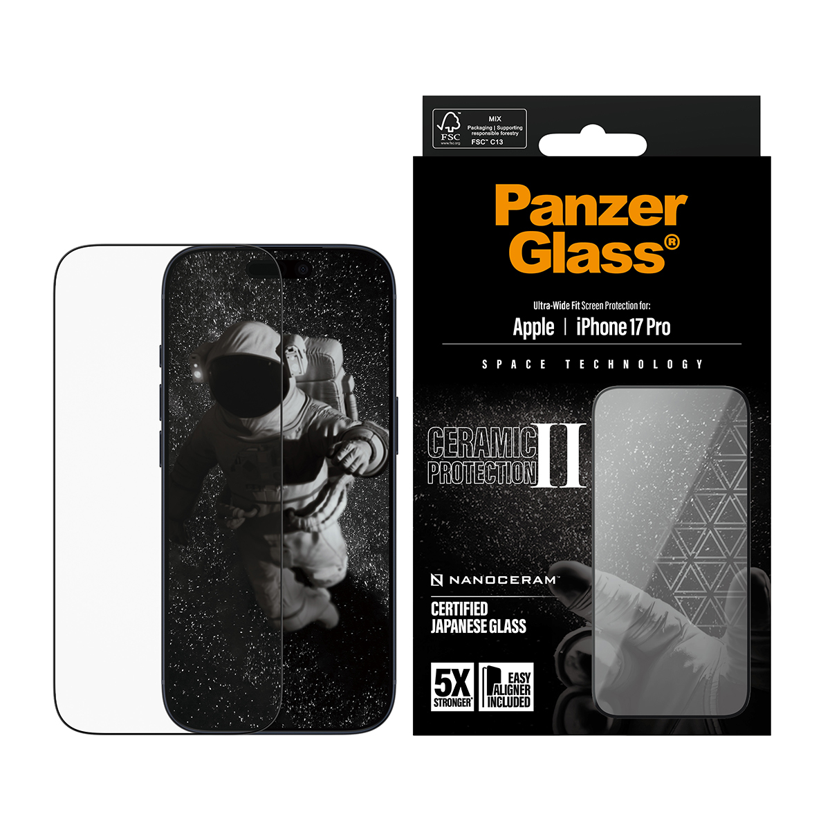 Uzayda bir astronot gösteren bir iPhone ile PanzerGlass ekran koruyucu kutusu. Kutudaki detaylar özellikleri vurgular.