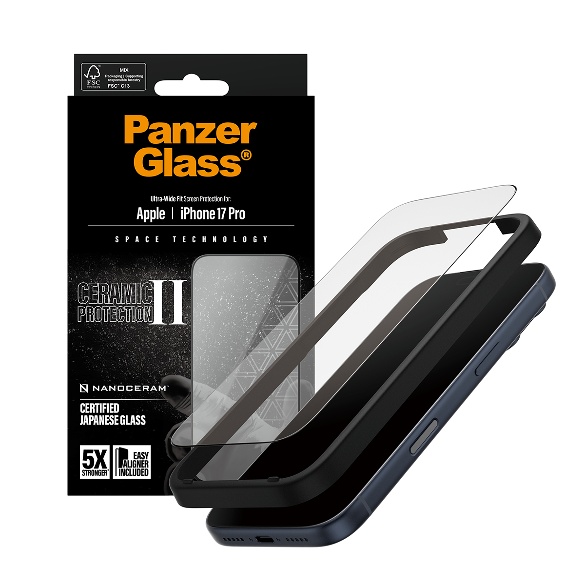 Bir PanzerGlass iPhone 17 Pro ekran koruyucu kiti. Ambalaj siyah, telefon ve koruyucu görünür durumda. Metin: Seramik koruma.