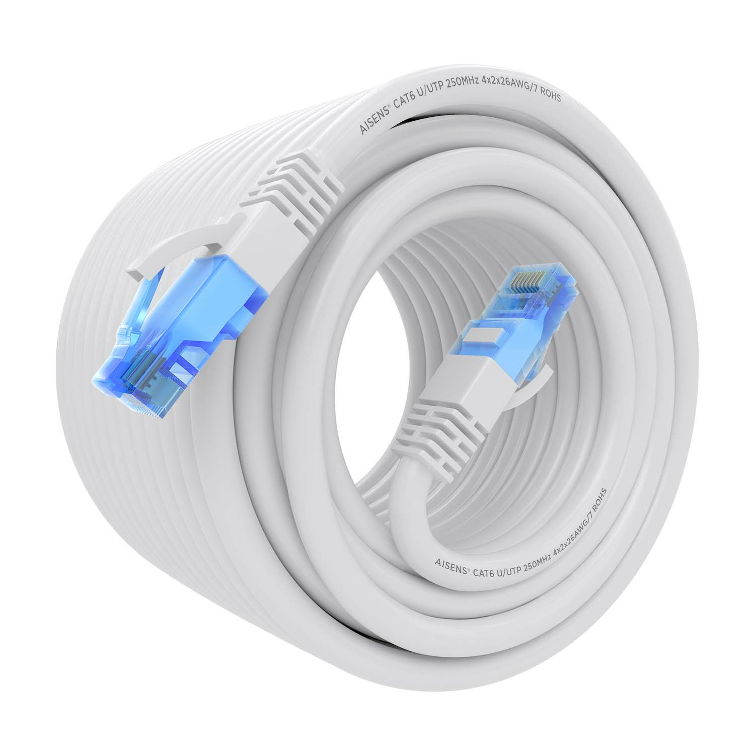 Cable CAT6 blanco enrollado con dos conectores de punta azul. El texto 'AISENS CAT6 U/UTP' es visible en el cable.