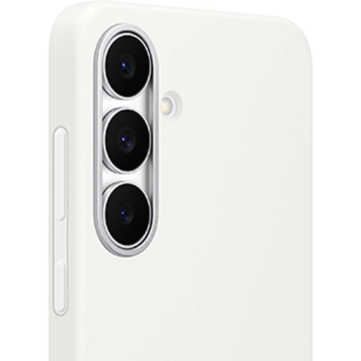 Close-up van een witte telefoon. Drie cameralenzen zijn verticaal uitgelijnd aan de zijkant. Een flitser en een volumeknop zijn ook zichtbaar.