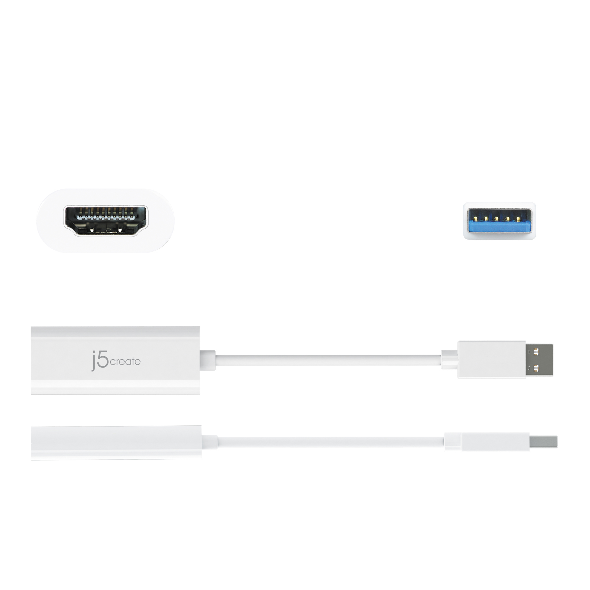 Adaptador blanco con conectores HDMI y USB. El logotipo de j5create es visible. El fondo es blanco.