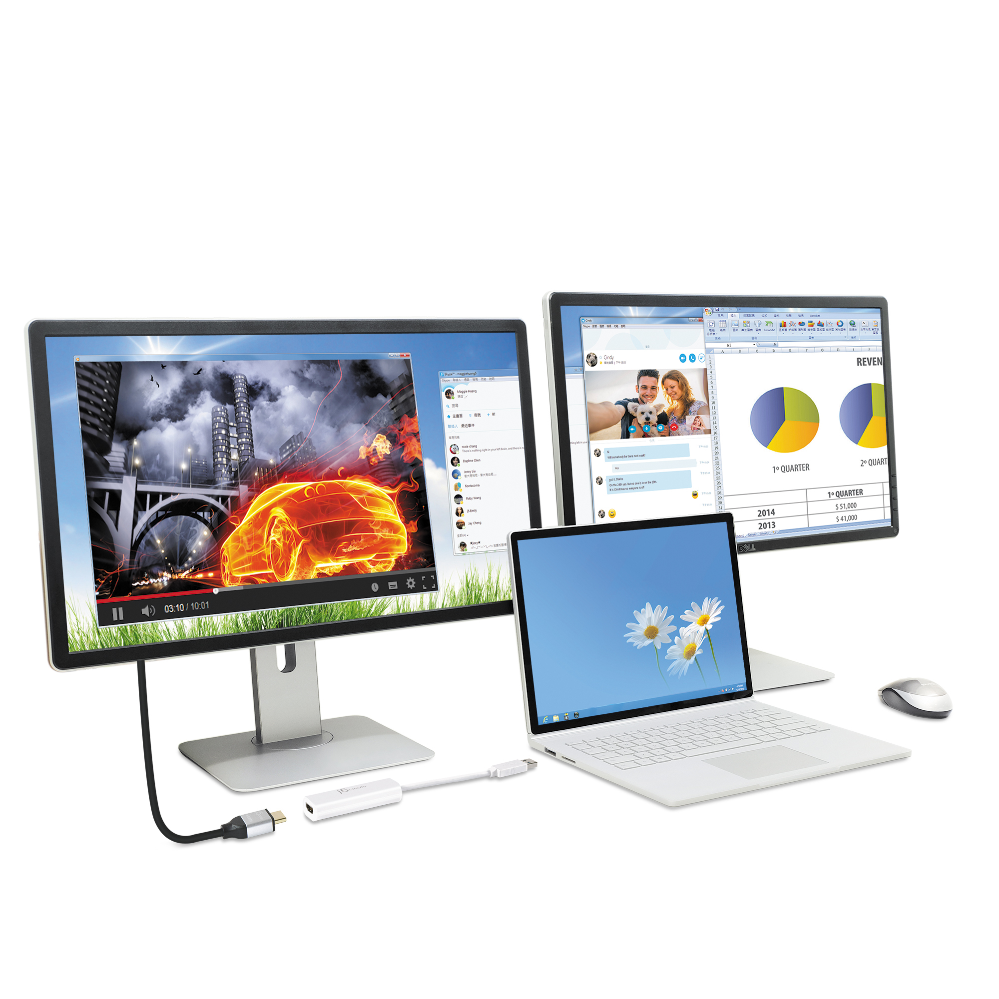 Tres monitores y una computadora portátil muestran diferentes interfaces. También se ve un ratón y un conector.